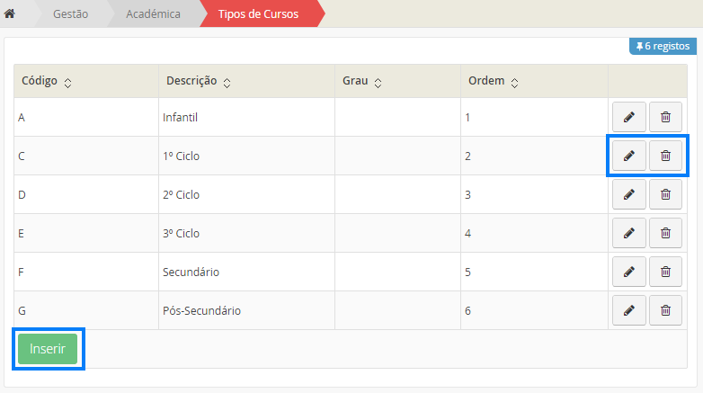 Interface Inicial da Lista de Tipos de Cursos